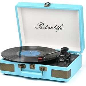 Blue Retro Vinyl Record Player with Portable Design